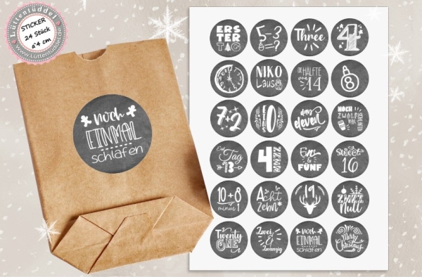 24 Stück zuckersüße Zahlen Adventskalenderaufkleber Sticker Schiefer/GRAU Weihnachten  /4cm rund mit-oder ohne 24 Beutelchen aus Kraftpapier - von Lüttentüddel